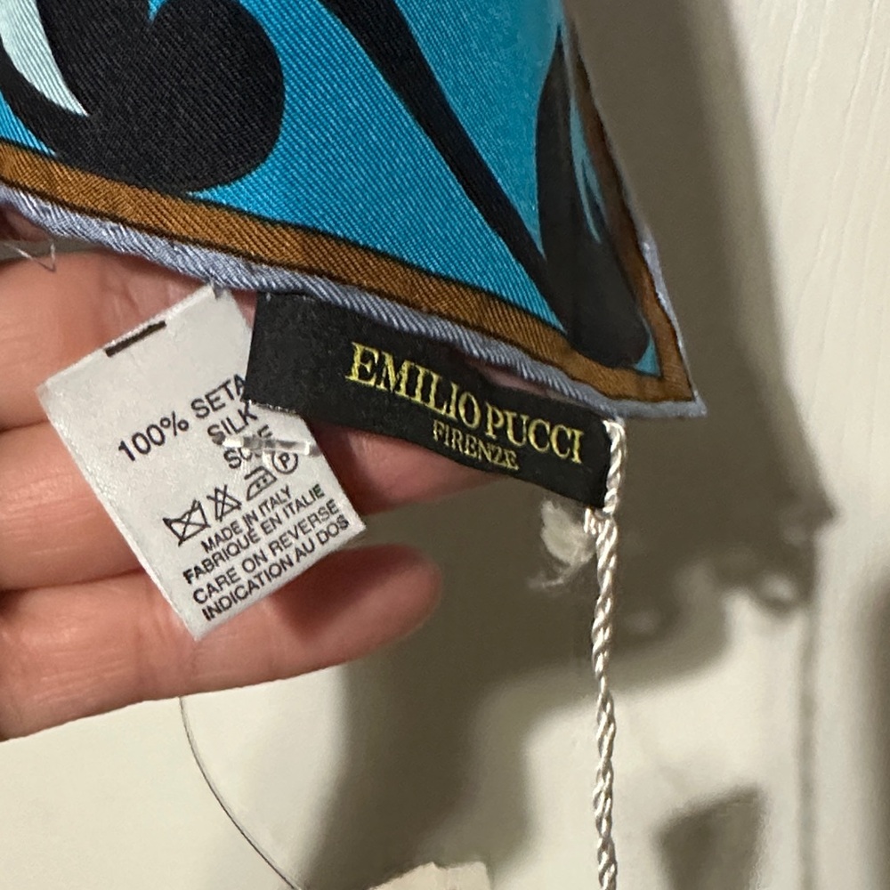 🆕Emilio Pucci Blue, Turquoise & Brown Swirl Print Silk Scarf - Picture 7 of 16